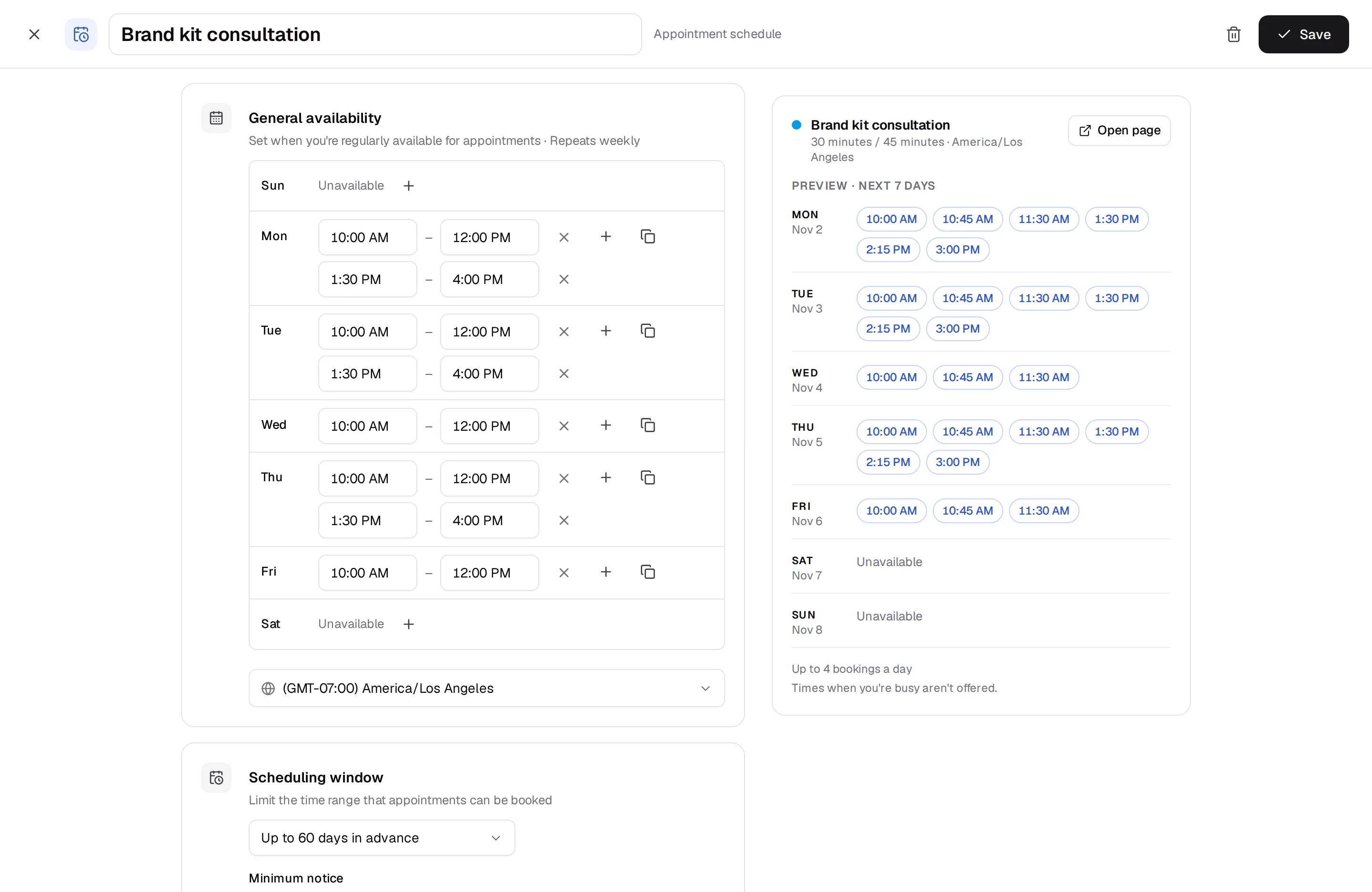 A booking page's settings with weekly hours, next to the times people can book