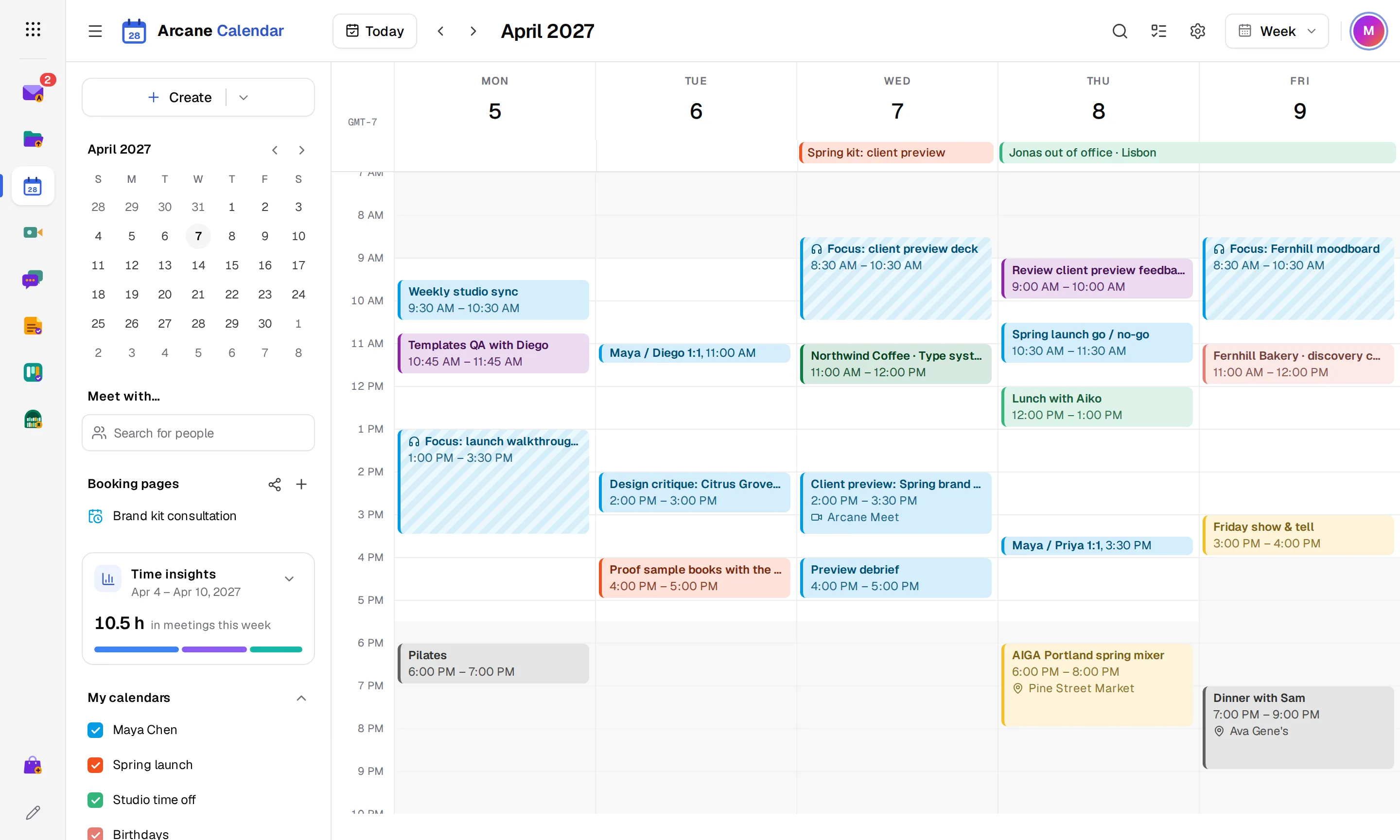 A week in Arcane Calendar with team meetings, a focus block and the mini calendar