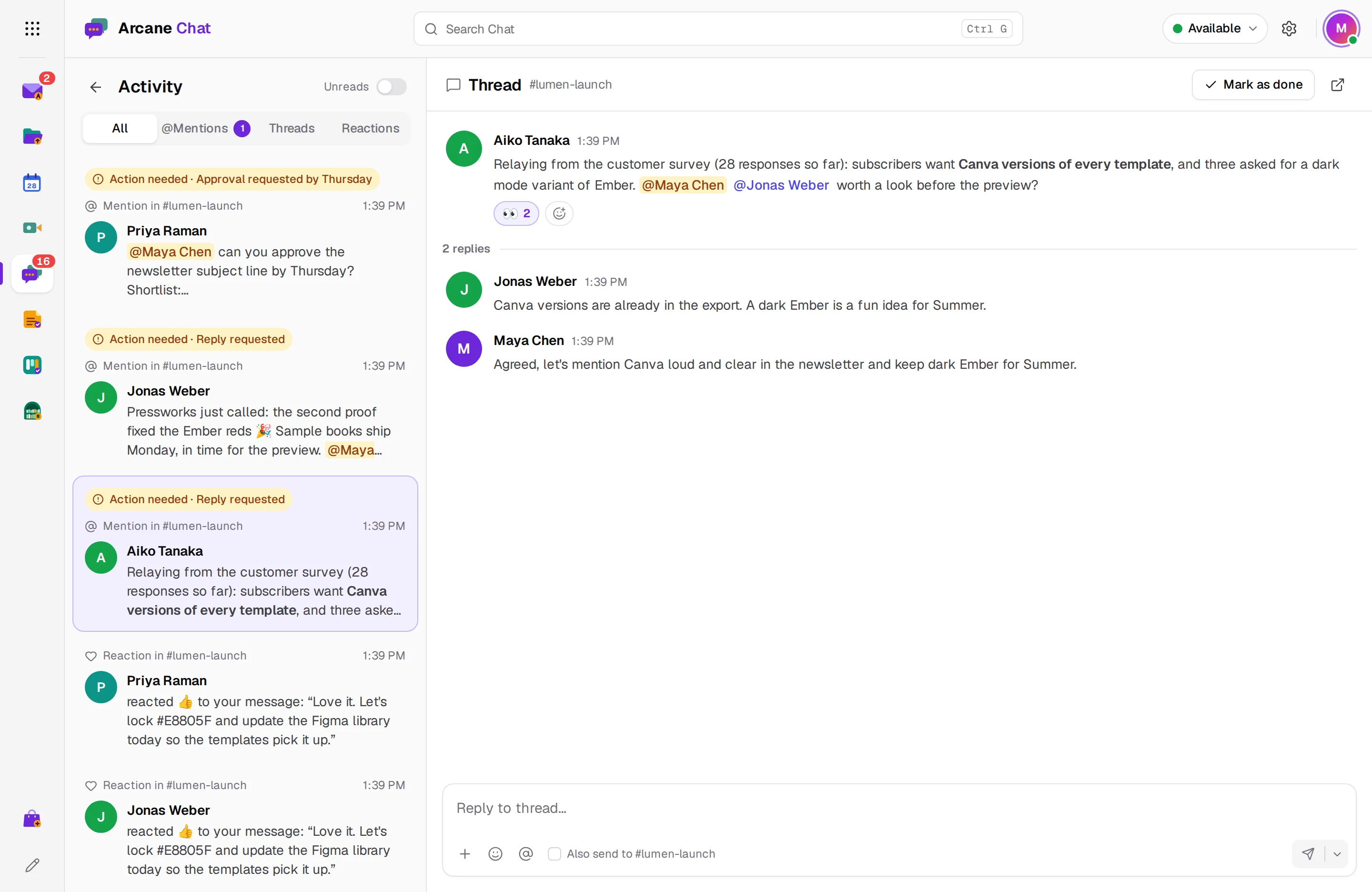 The activity list with mentions and thread replies, one of them open