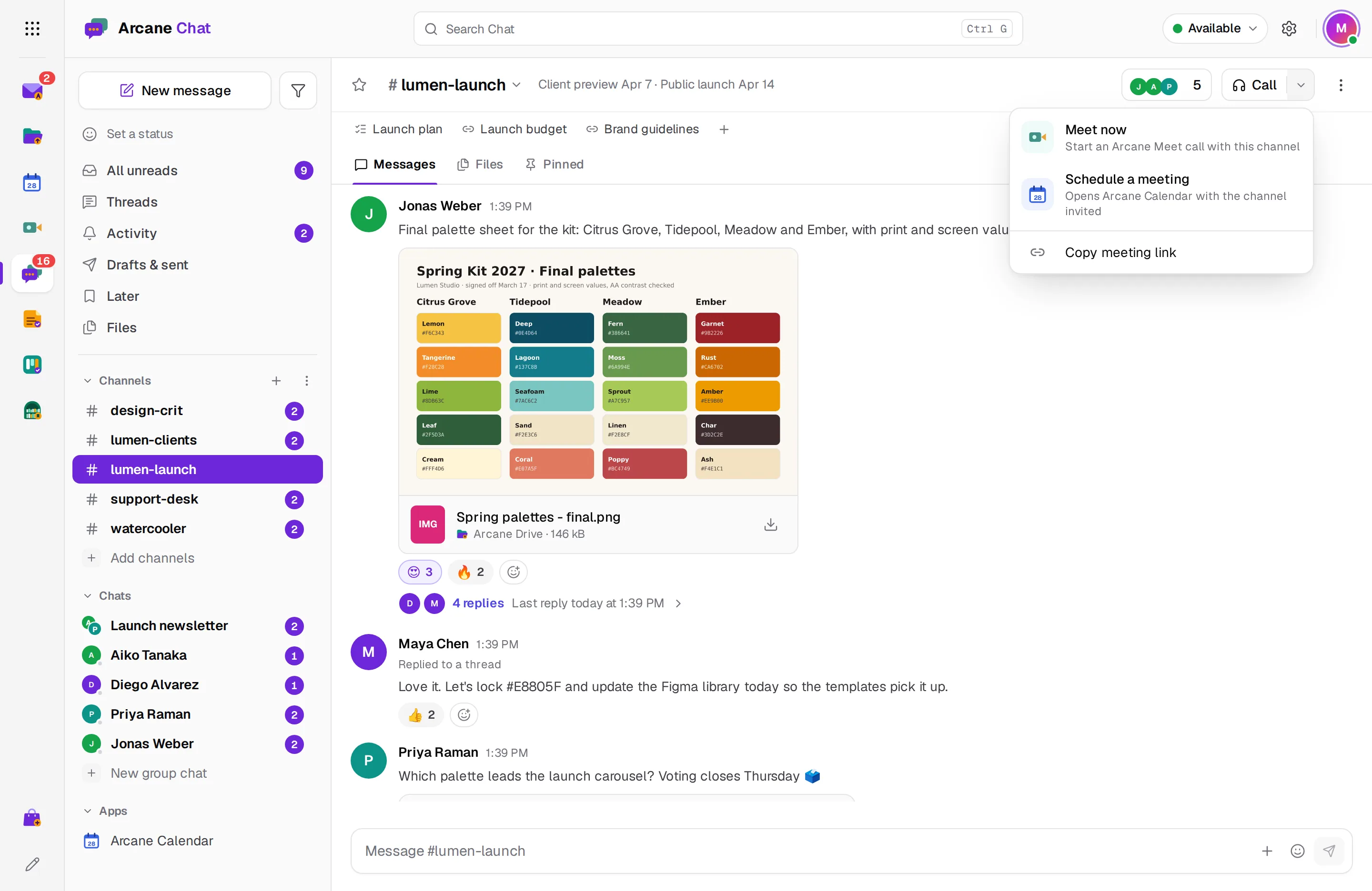 The call menu of a conversation: Meet now, schedule a meeting, copy the link