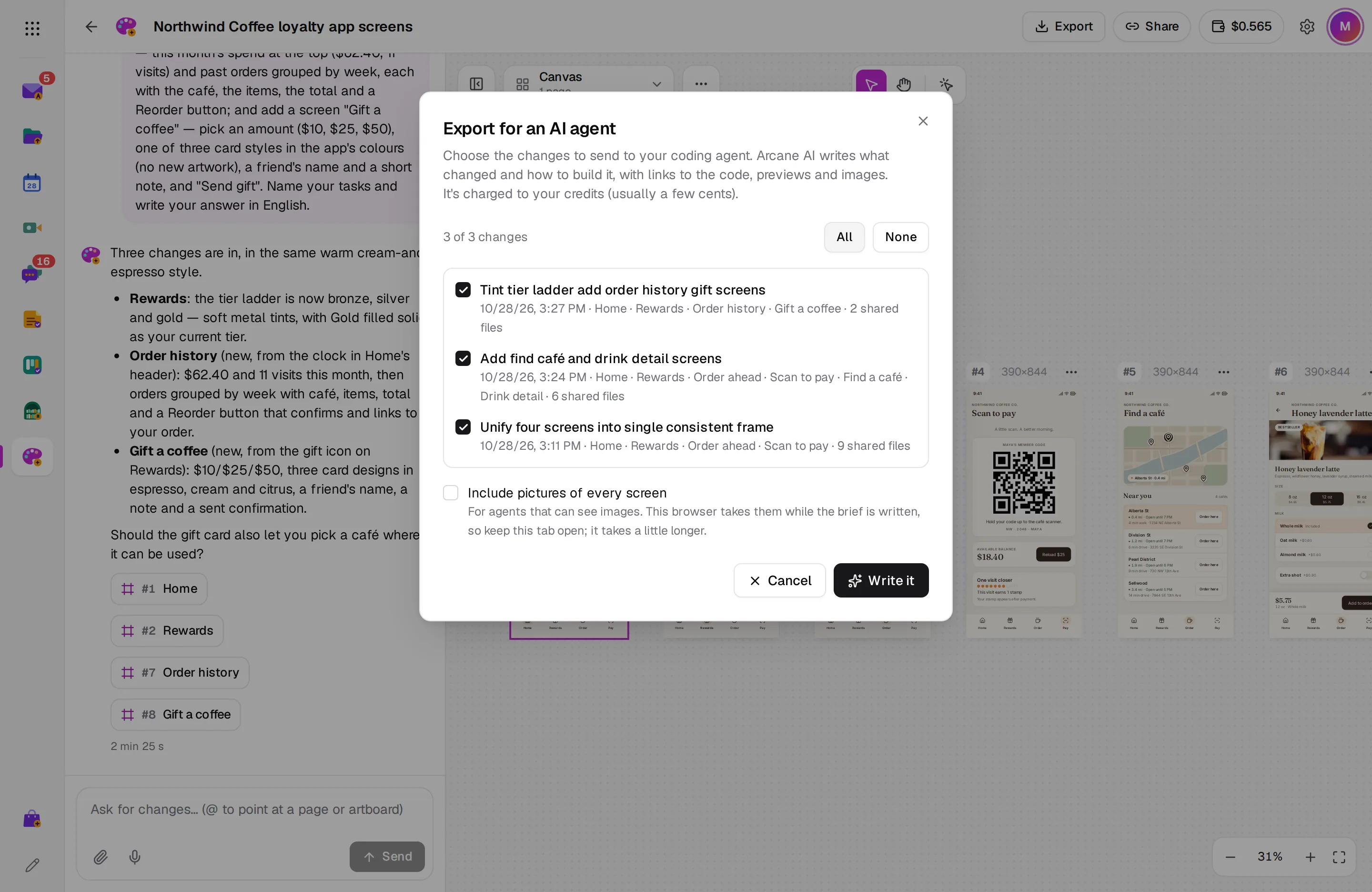 The Export for an AI agent dialog with the design's changes checked