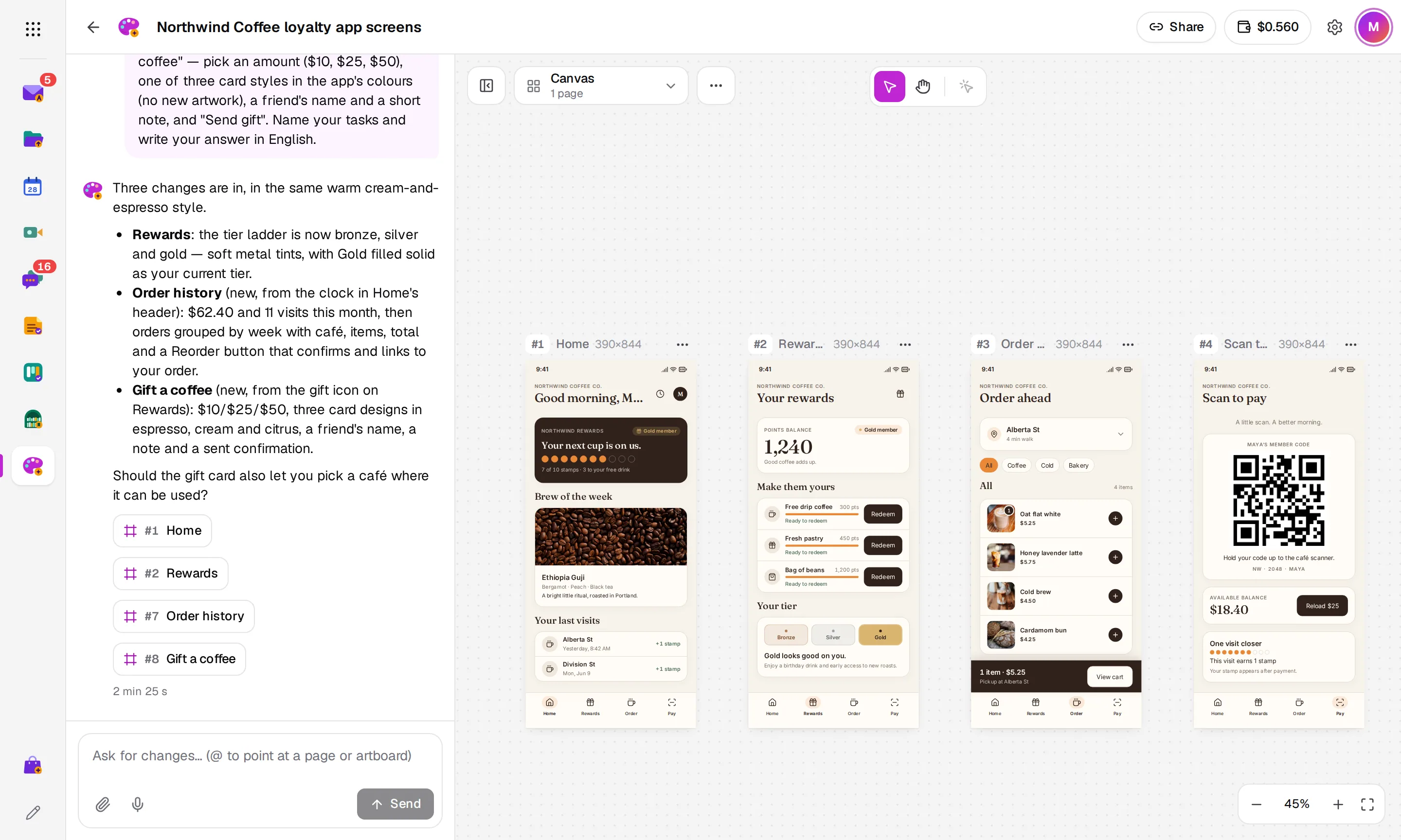A design open in Arcane Design: the conversation on the left, a canvas of mobile app screens on the right