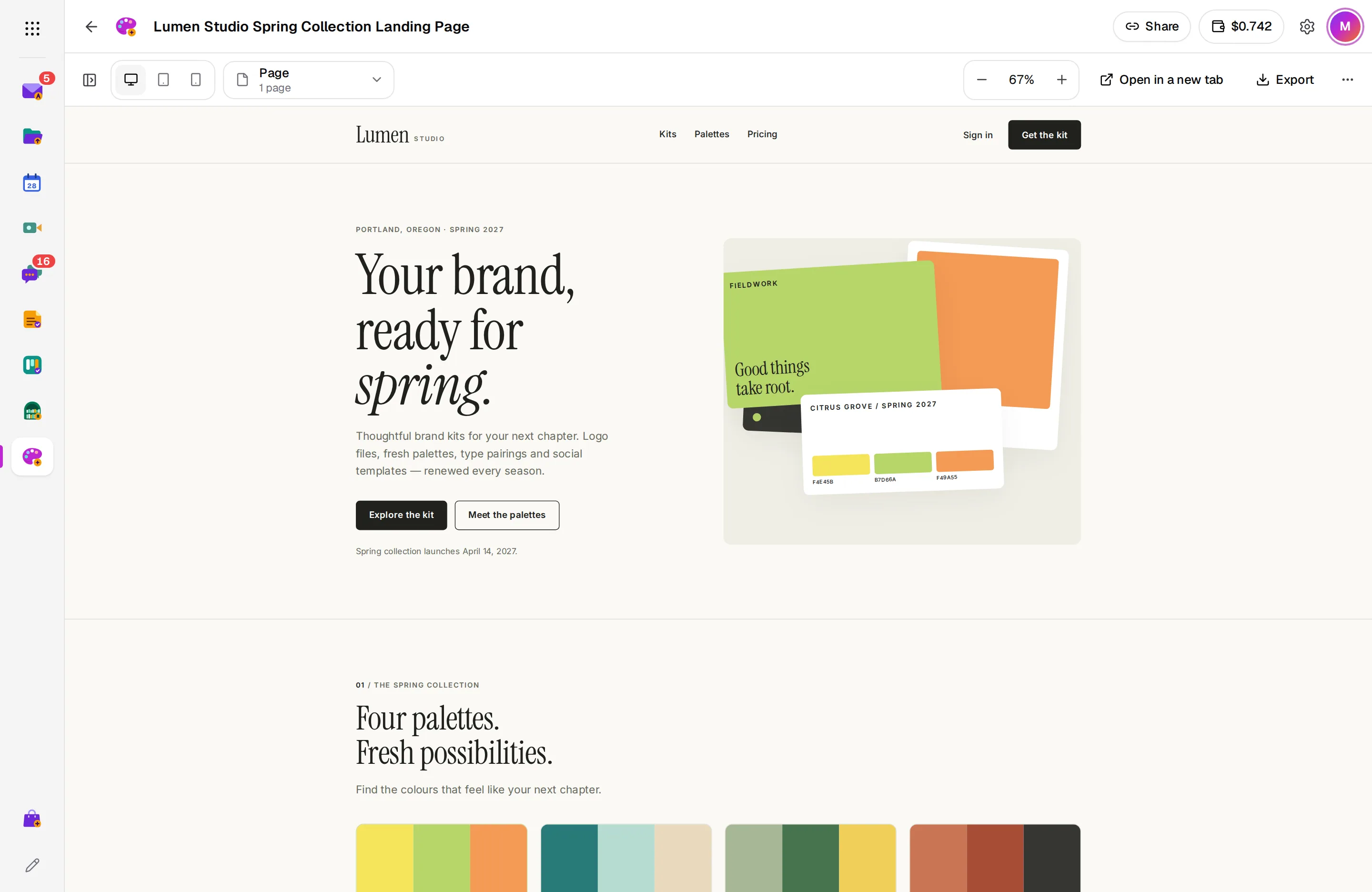 A landing page prototype with the Desktop, Tablet and Phone switch above it