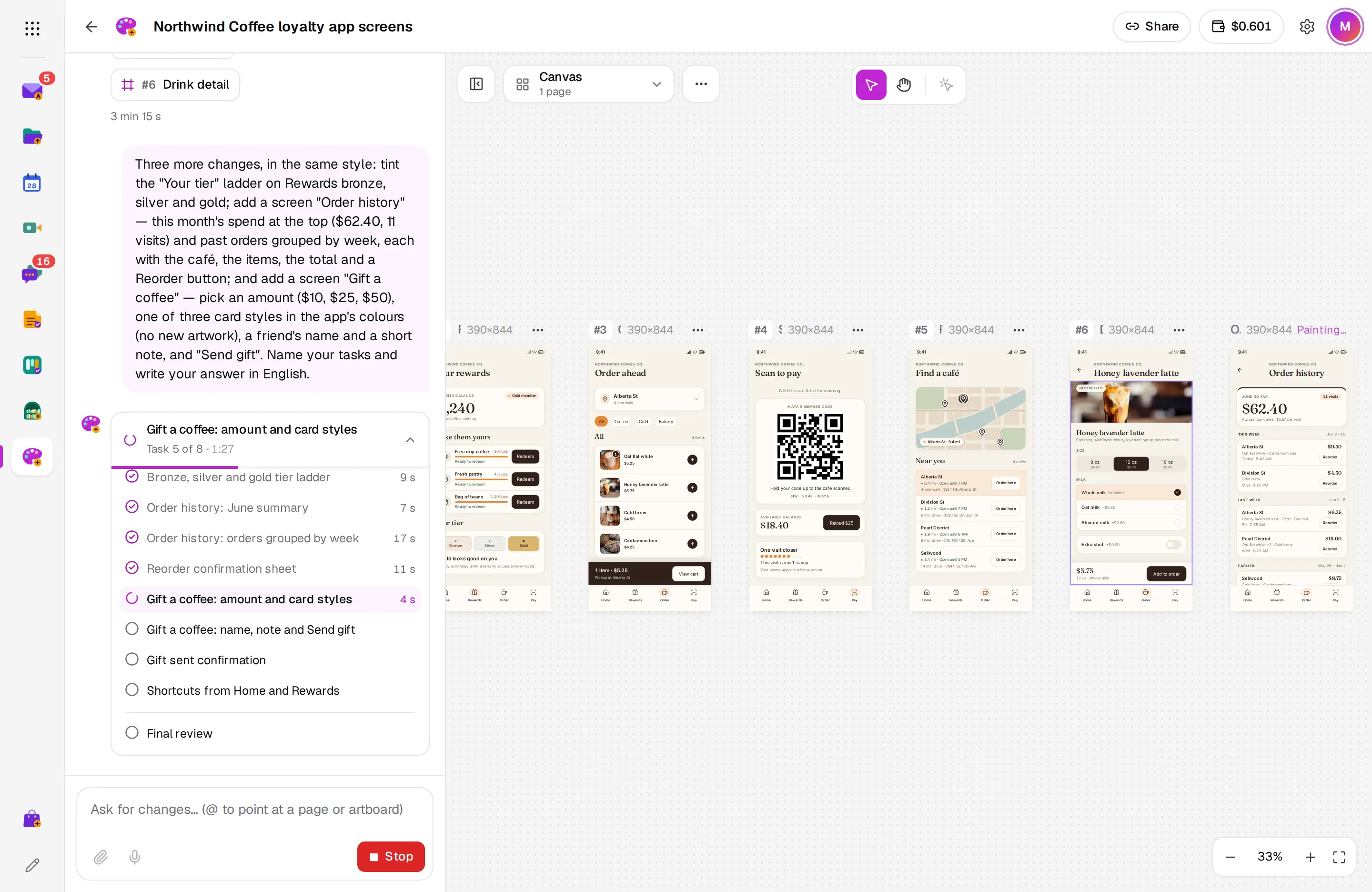 The task card in the chat, “Task 5 of 8” with a progress bar, beside the design's live preview