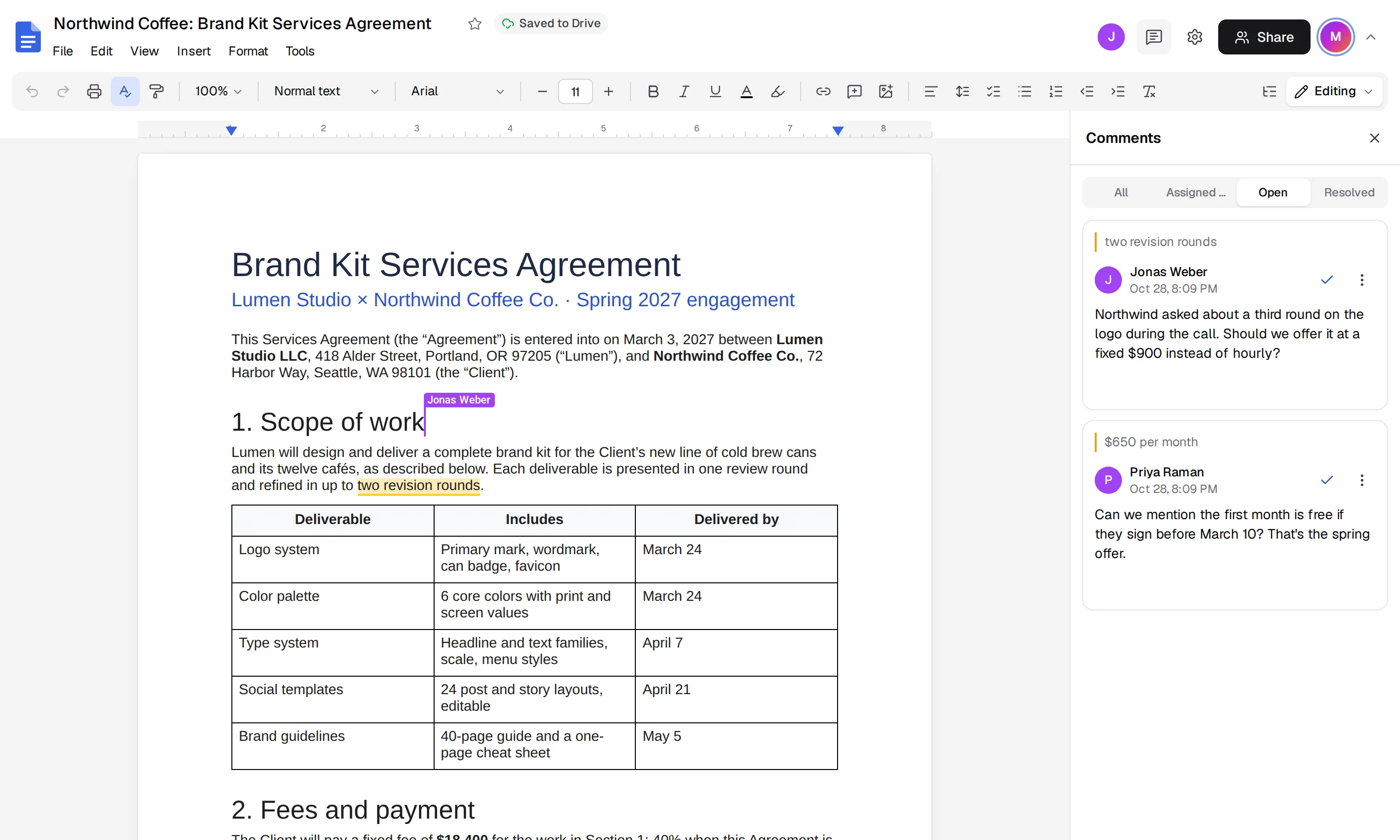 A services agreement being edited in Arcane Docs