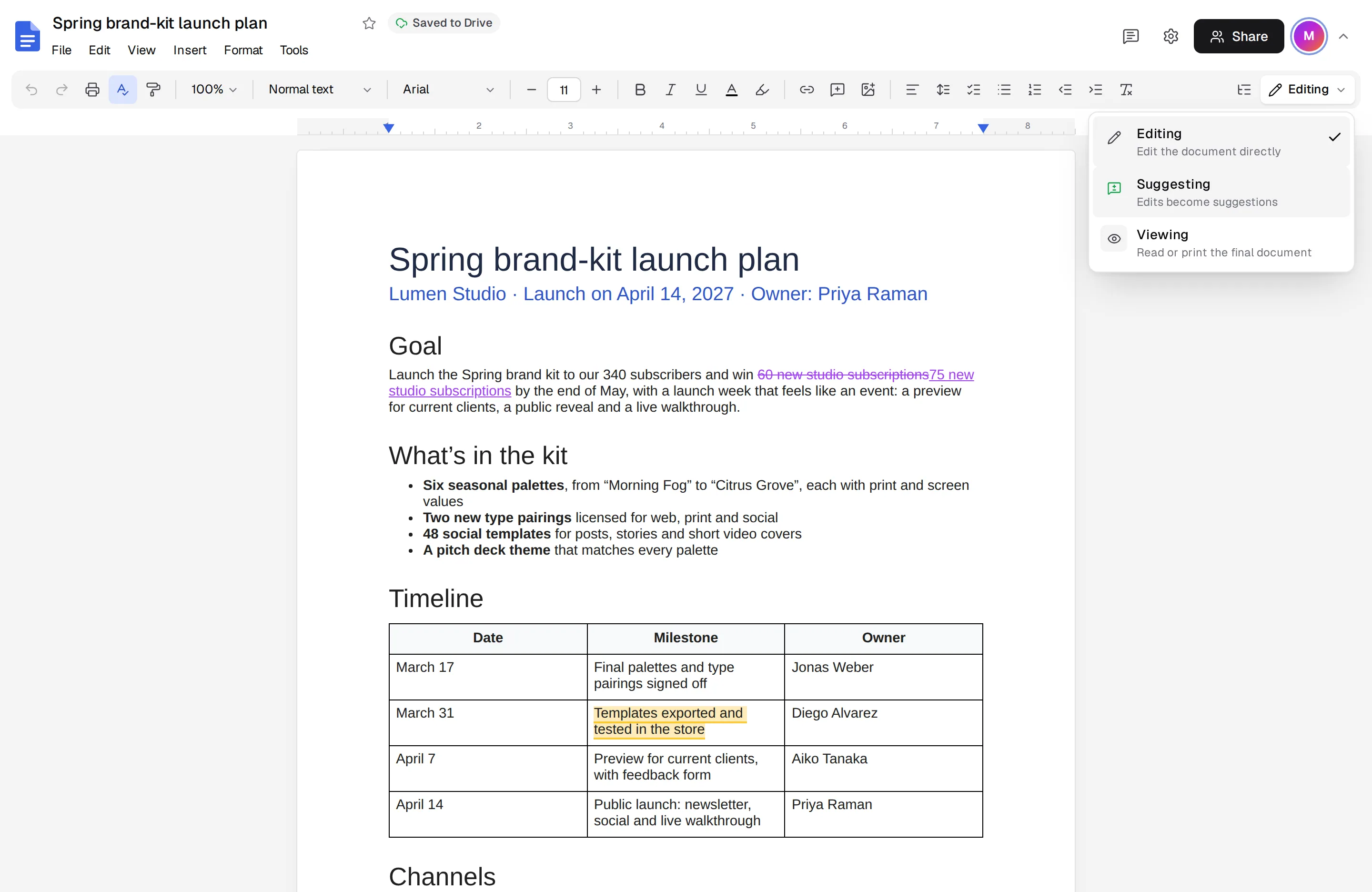 The editing, suggesting and viewing modes menu over a launch plan