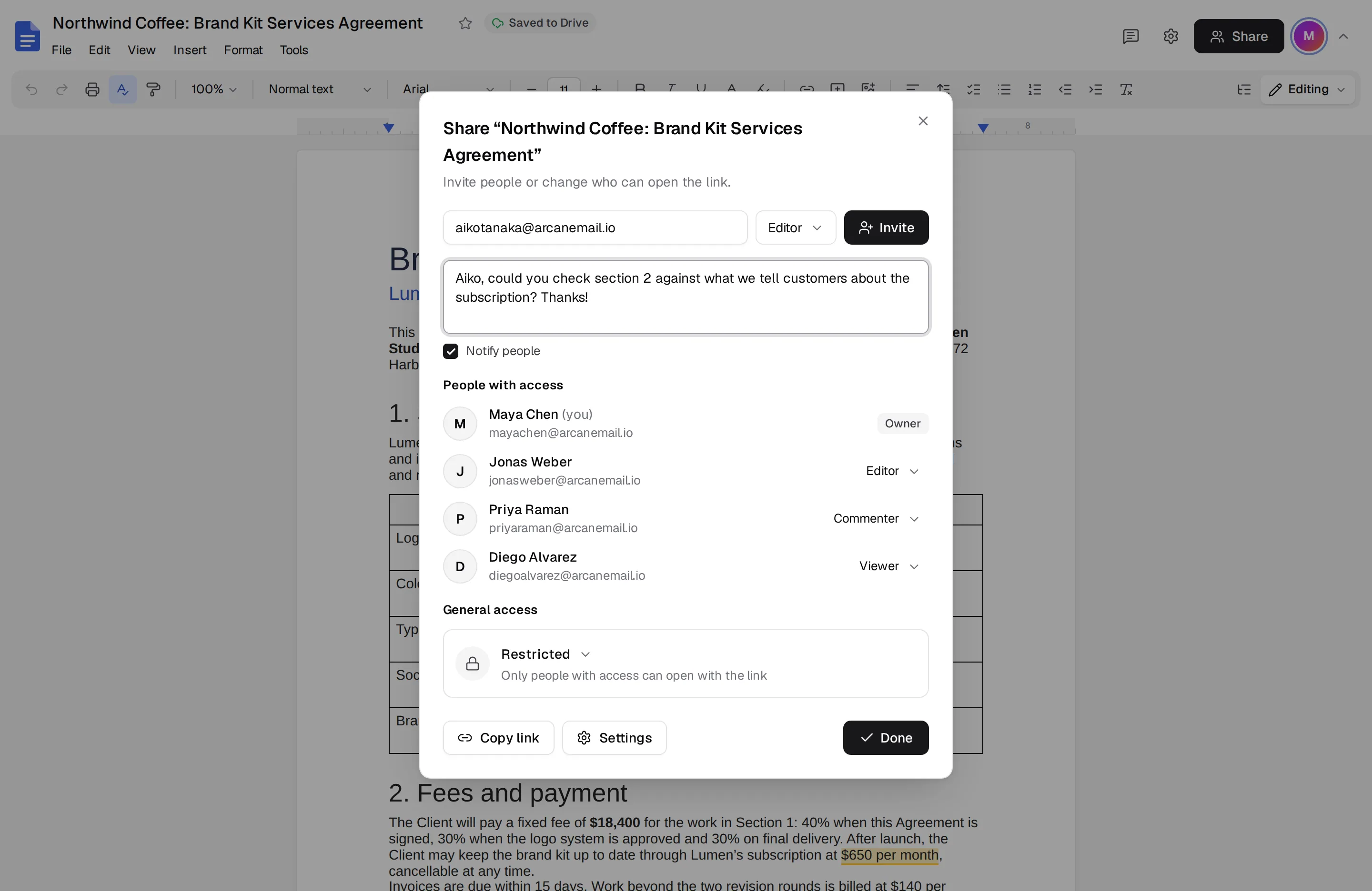 The share dialog for a document