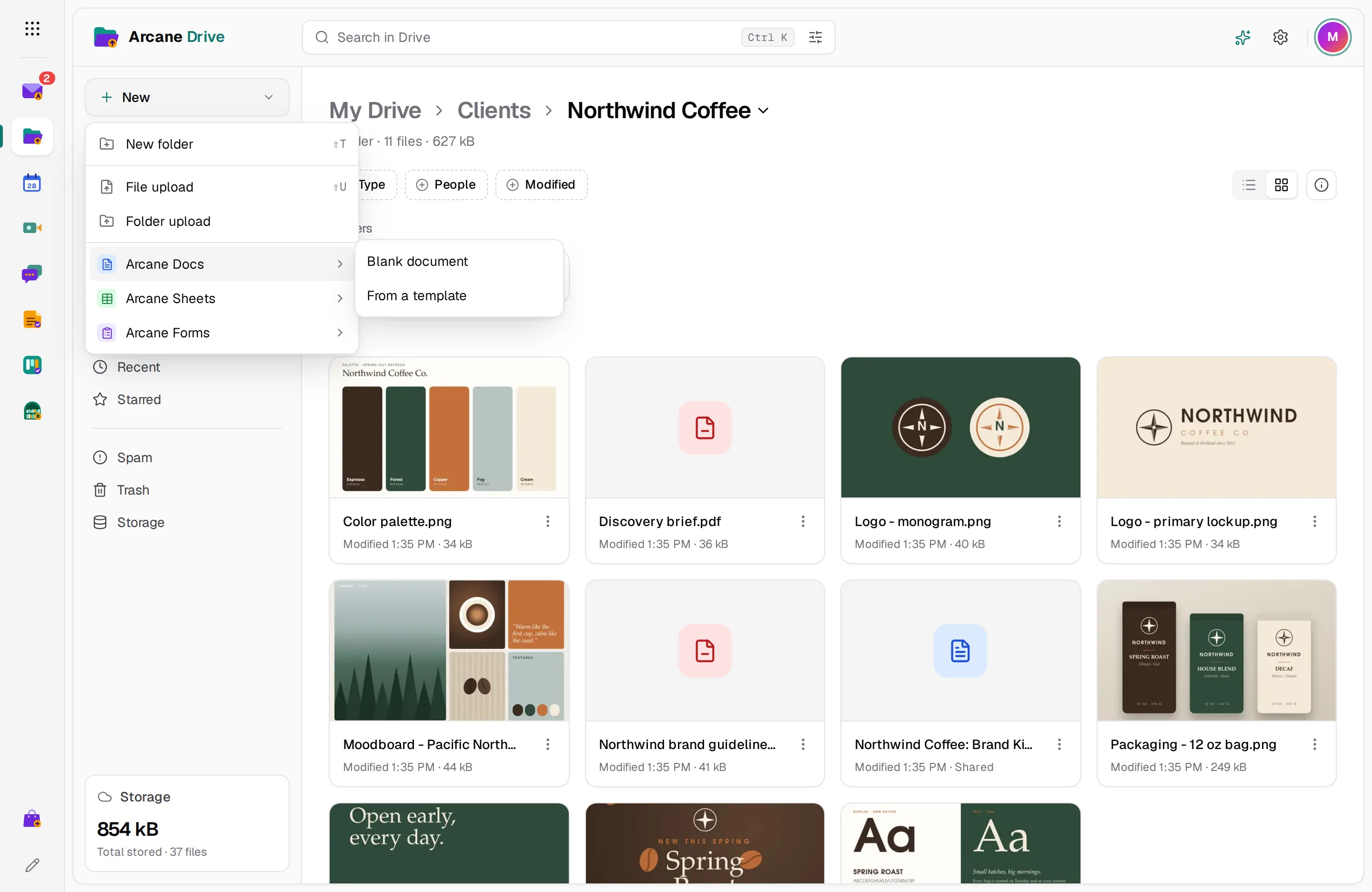 The New menu with upload and create options