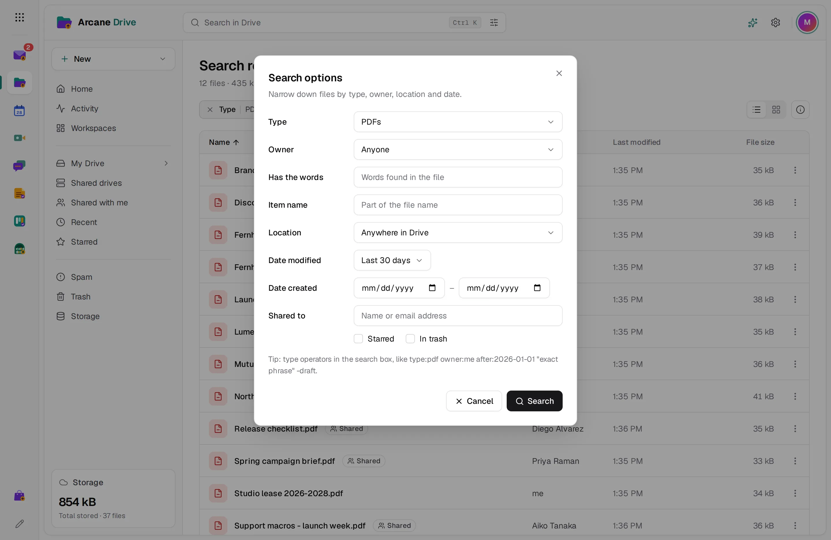 The search options dialog with type, owner and date filters