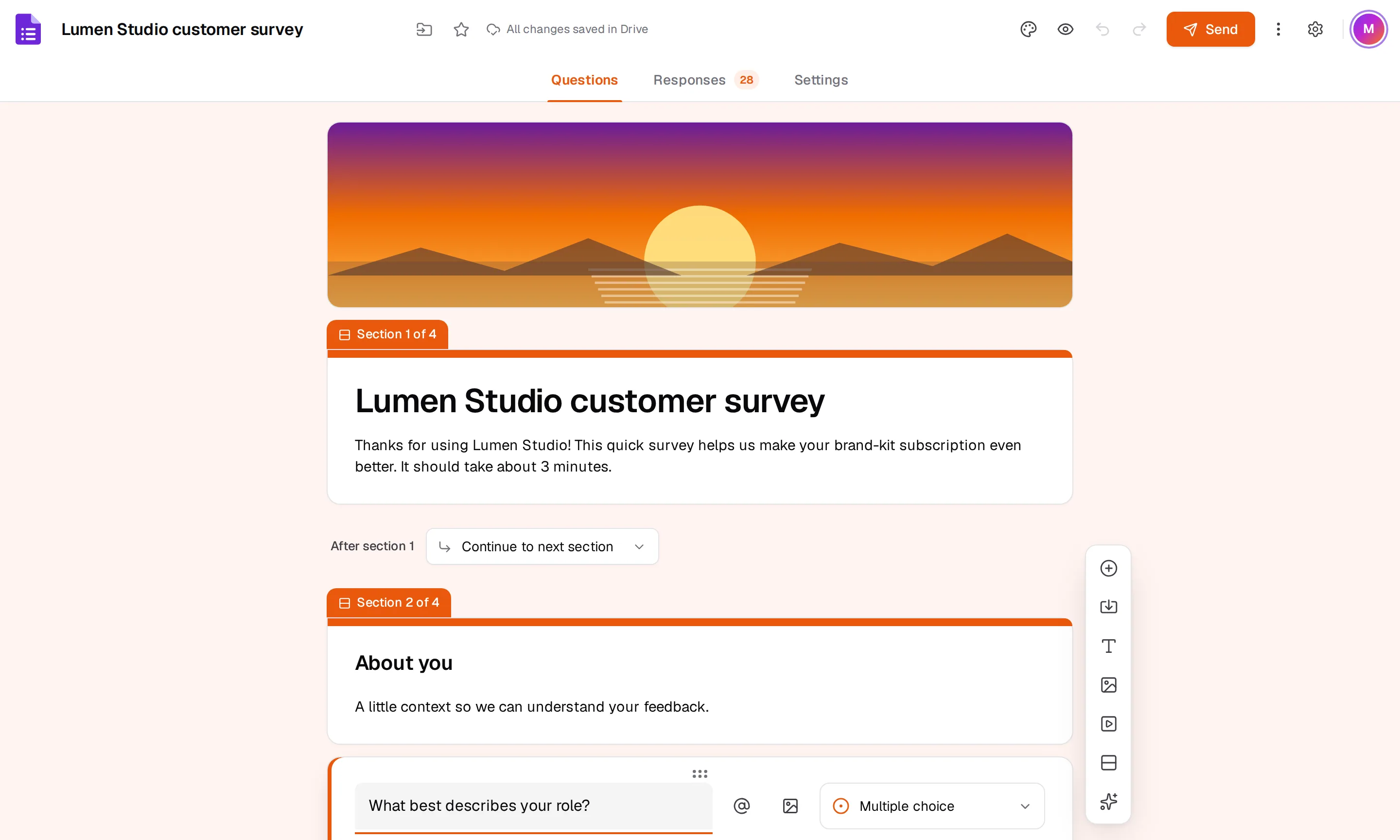 A customer feedback survey being edited in Arcane Forms