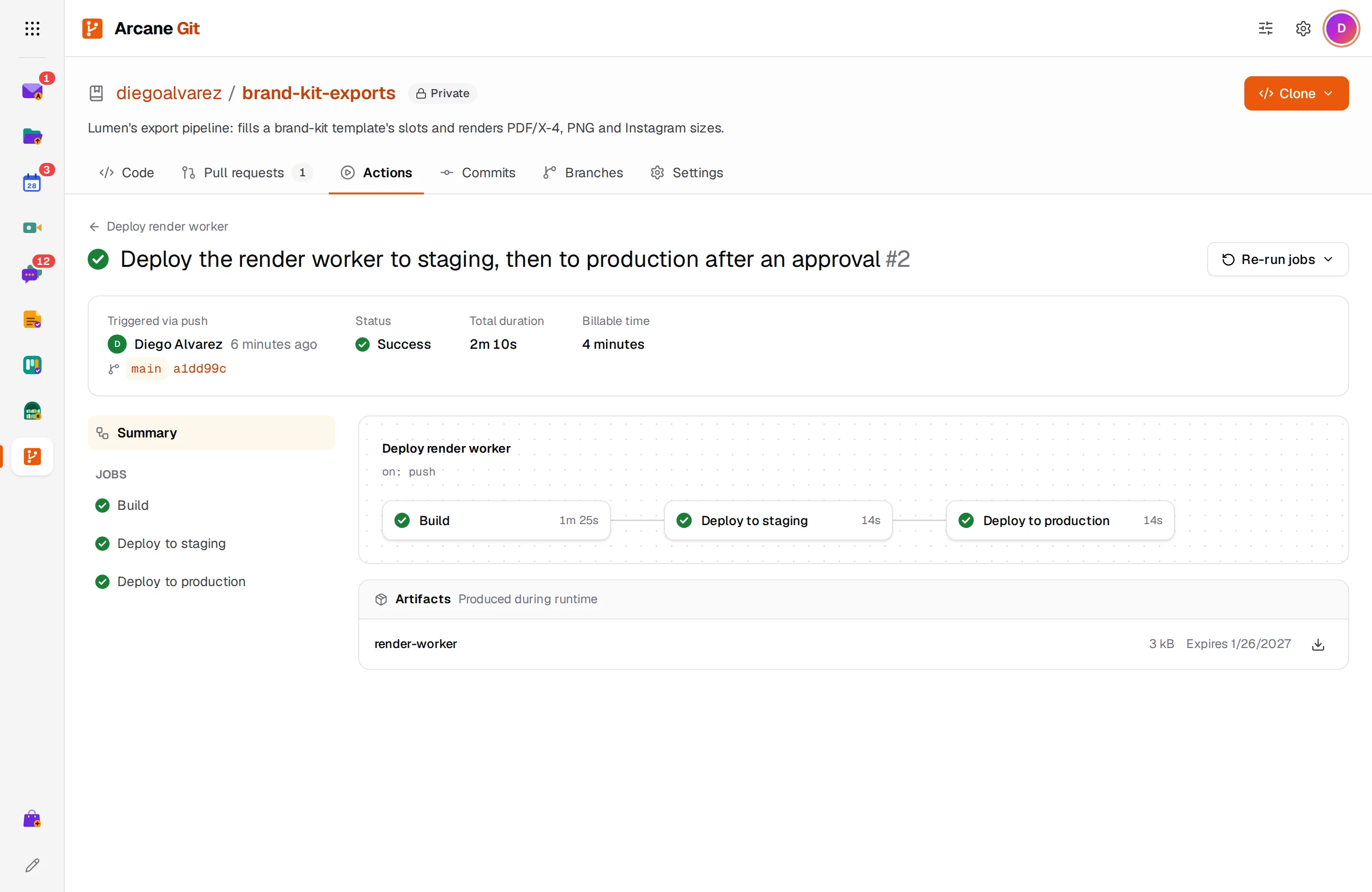 A workflow run in the Actions tab, with its graph of jobs and their status