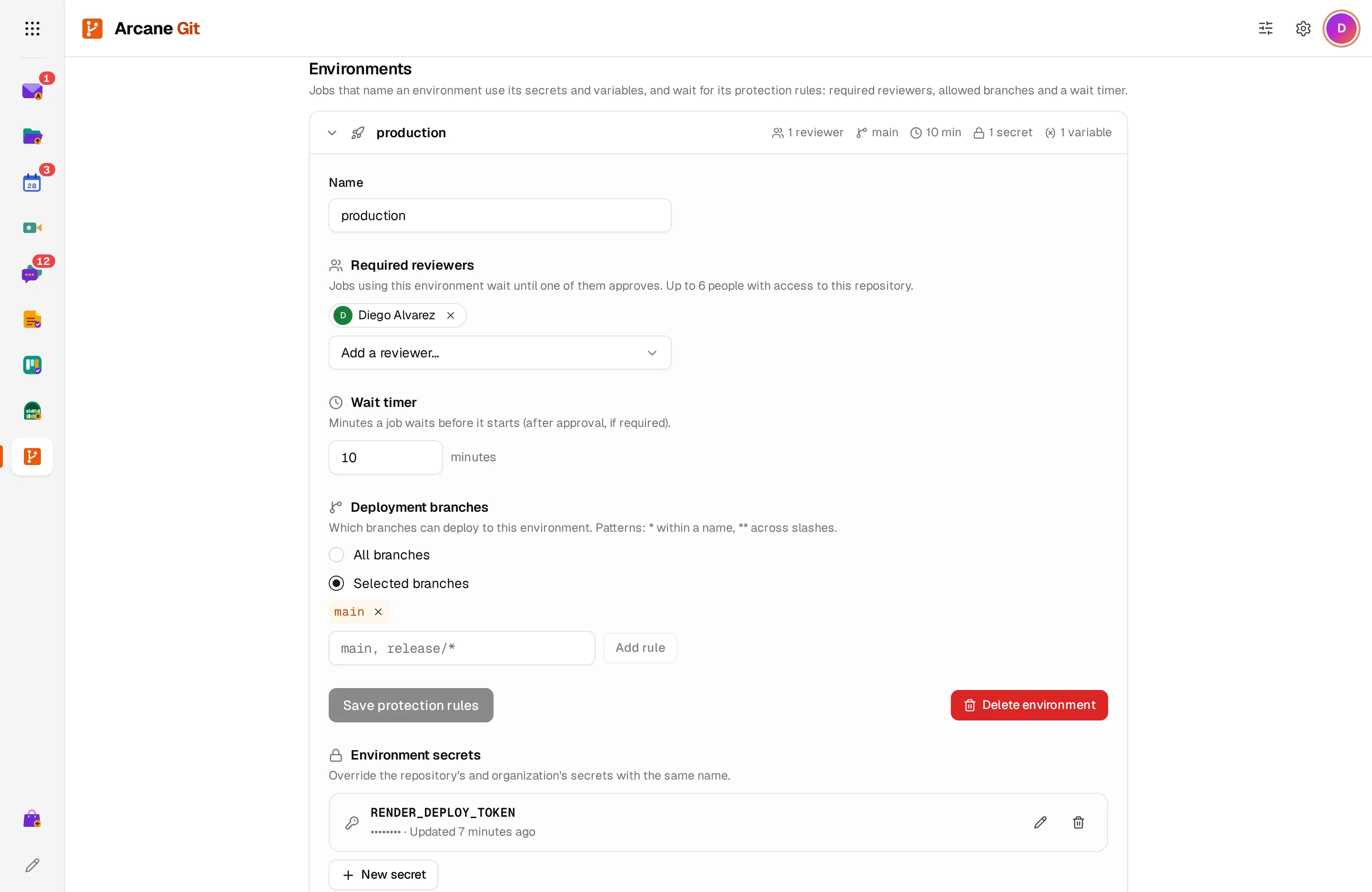 An environment's settings with required reviewers, deployment branches and a wait timer