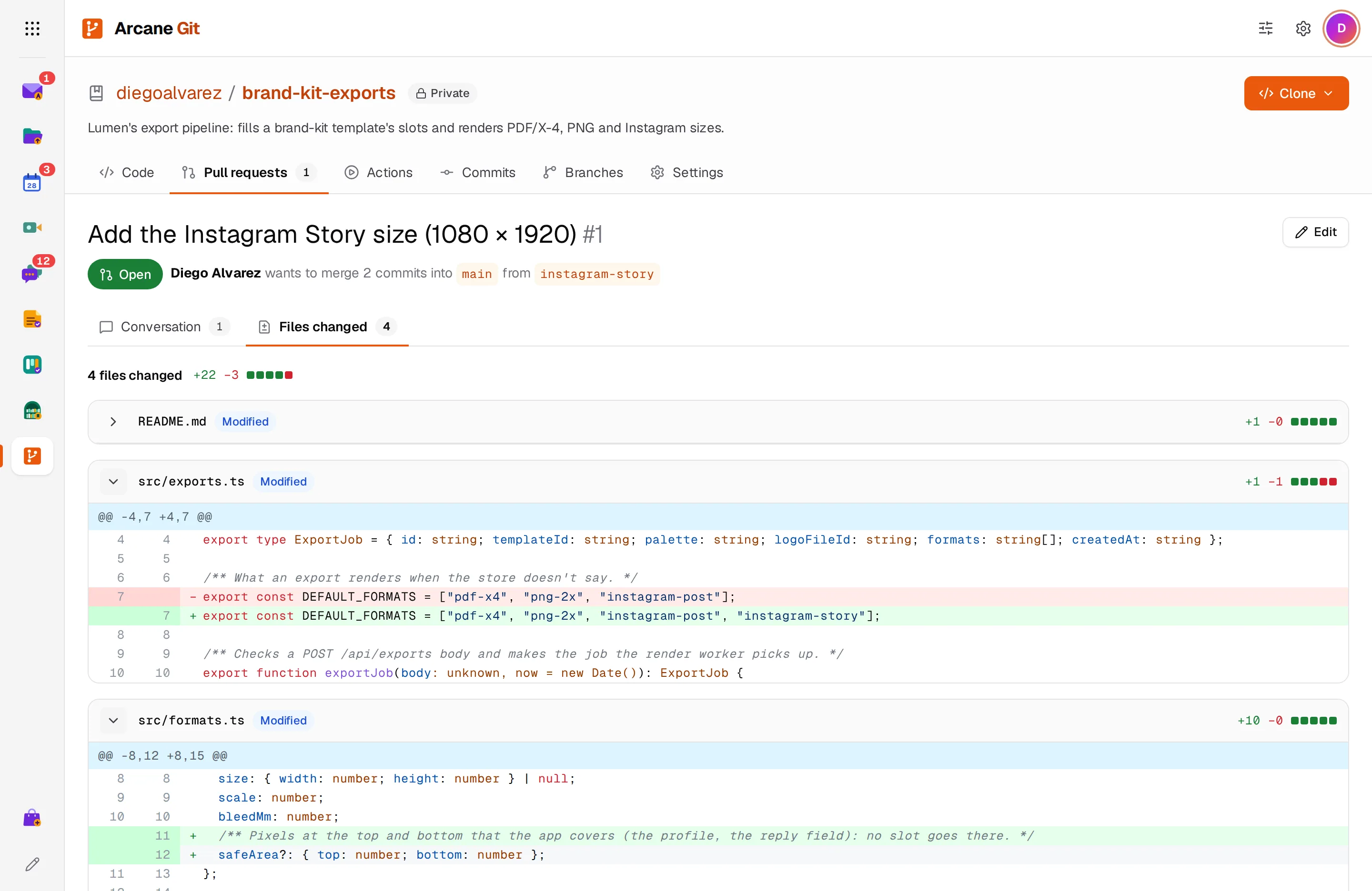 A pull request's Files changed tab, with added and removed lines in a file's diff