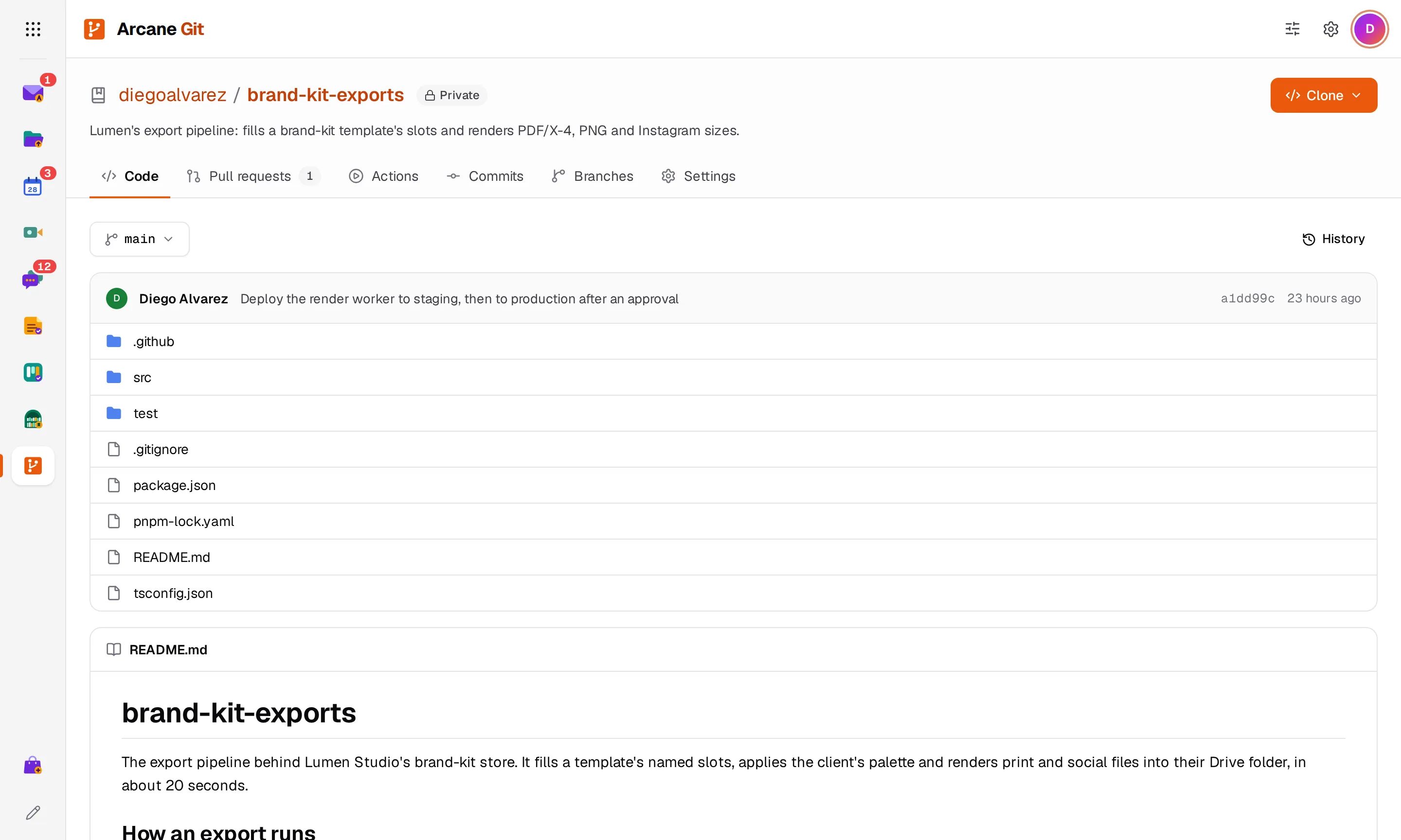 A repository's Code tab in Arcane Git: the branch picker, the files and folders, the clone button and the README below