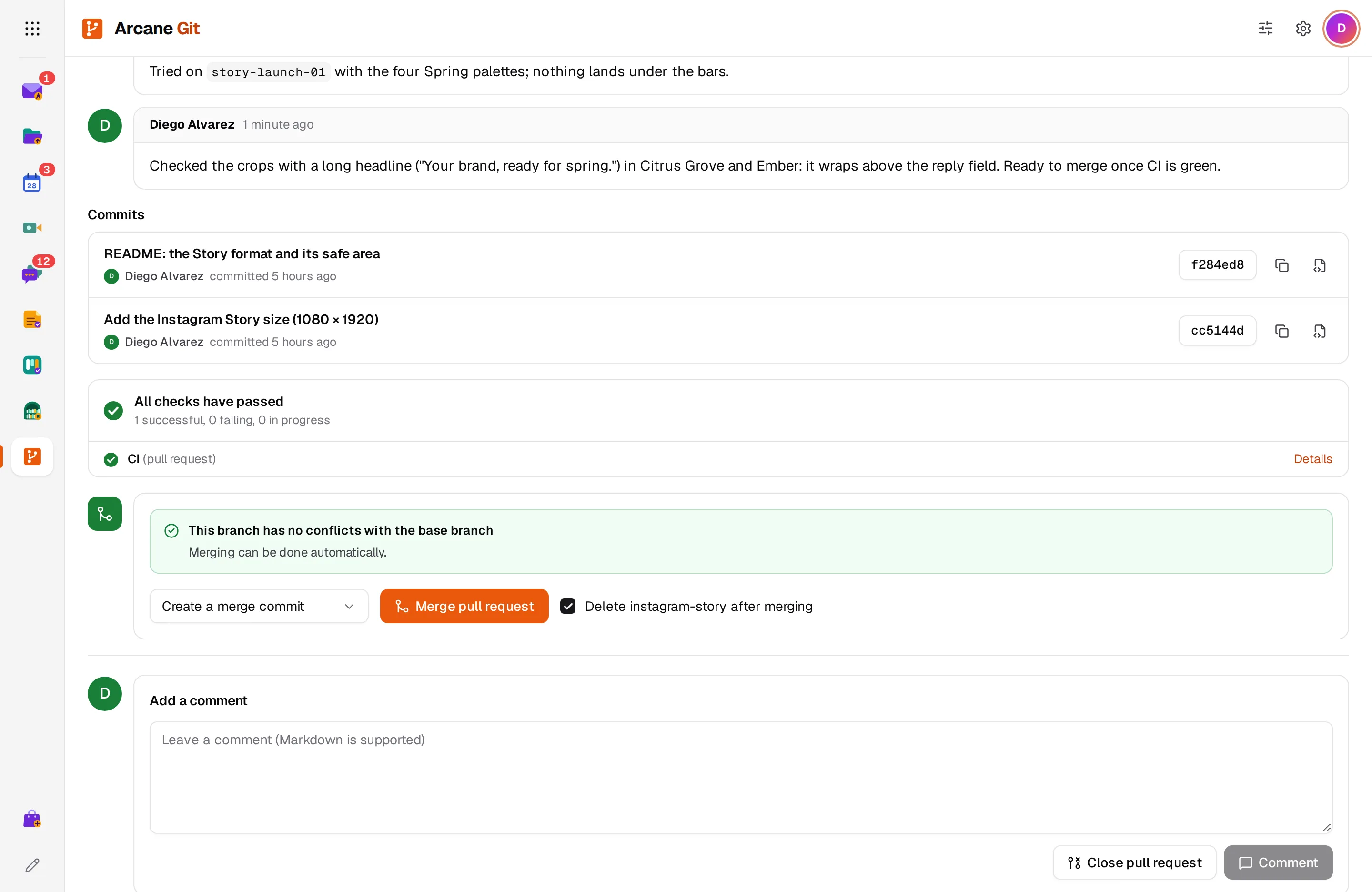 A pull request's conversation with its commits, passing checks and the merge box