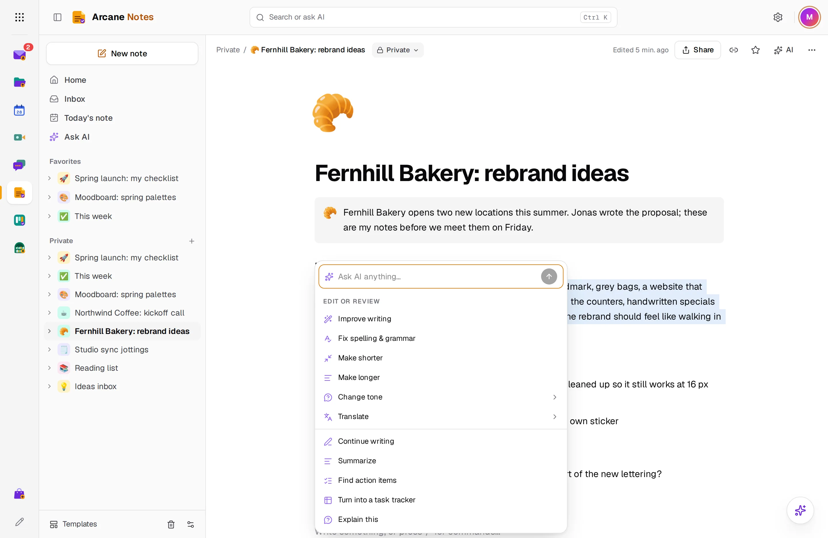 Ask AI's writing actions open on a note