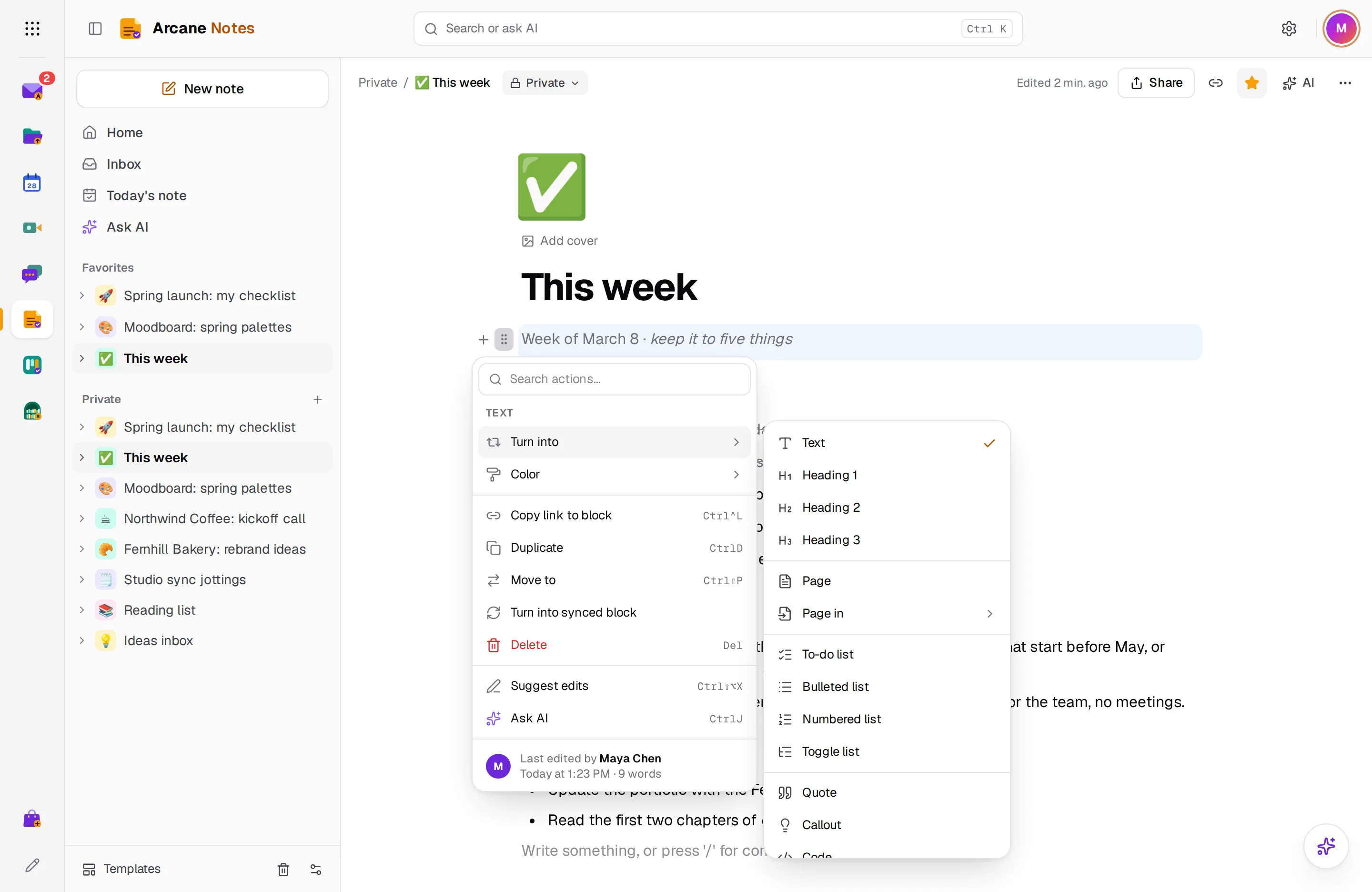A block's menu with Turn into open, showing heading and list options