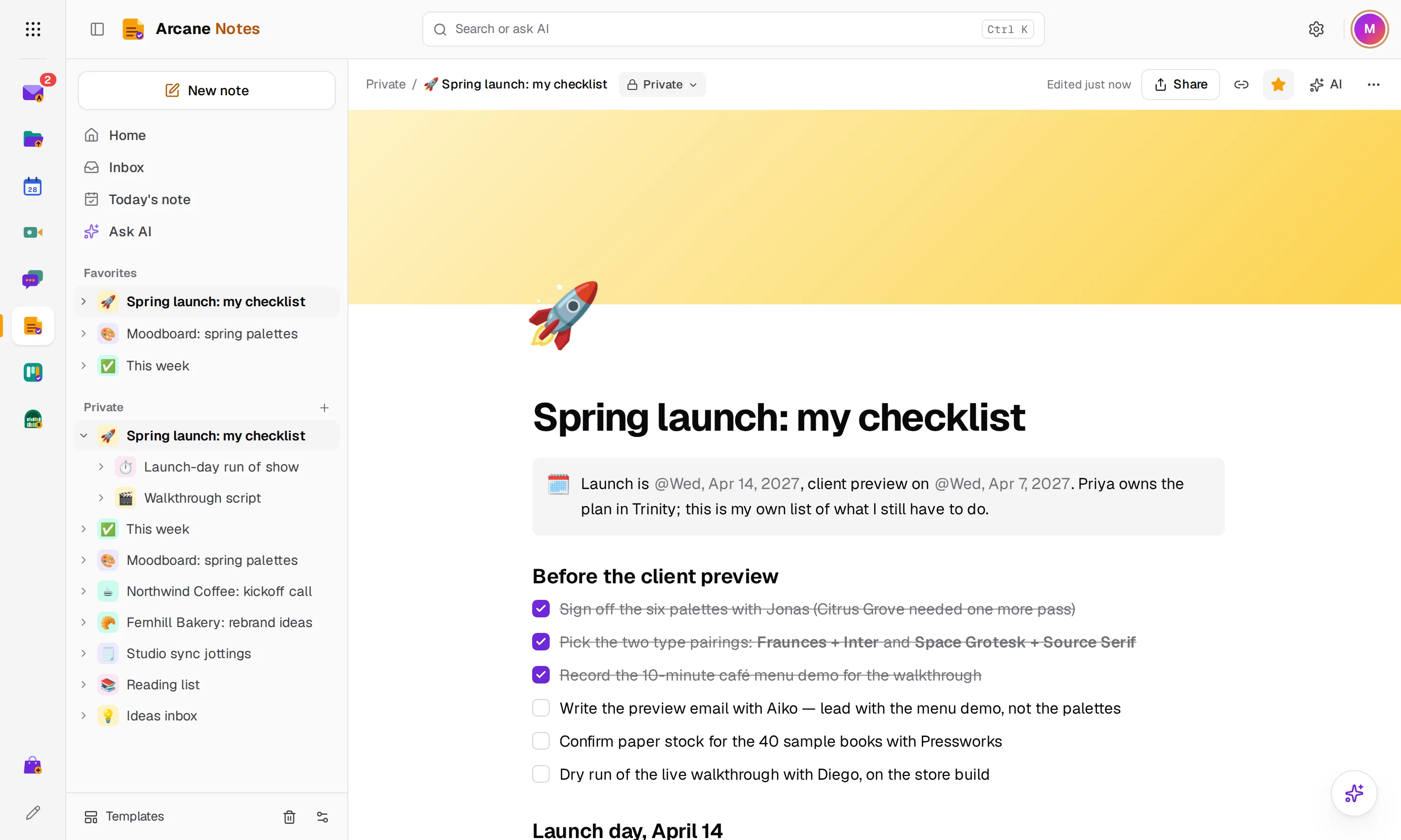 A note with a checklist open in Arcane Notes, with private pages in the sidebar