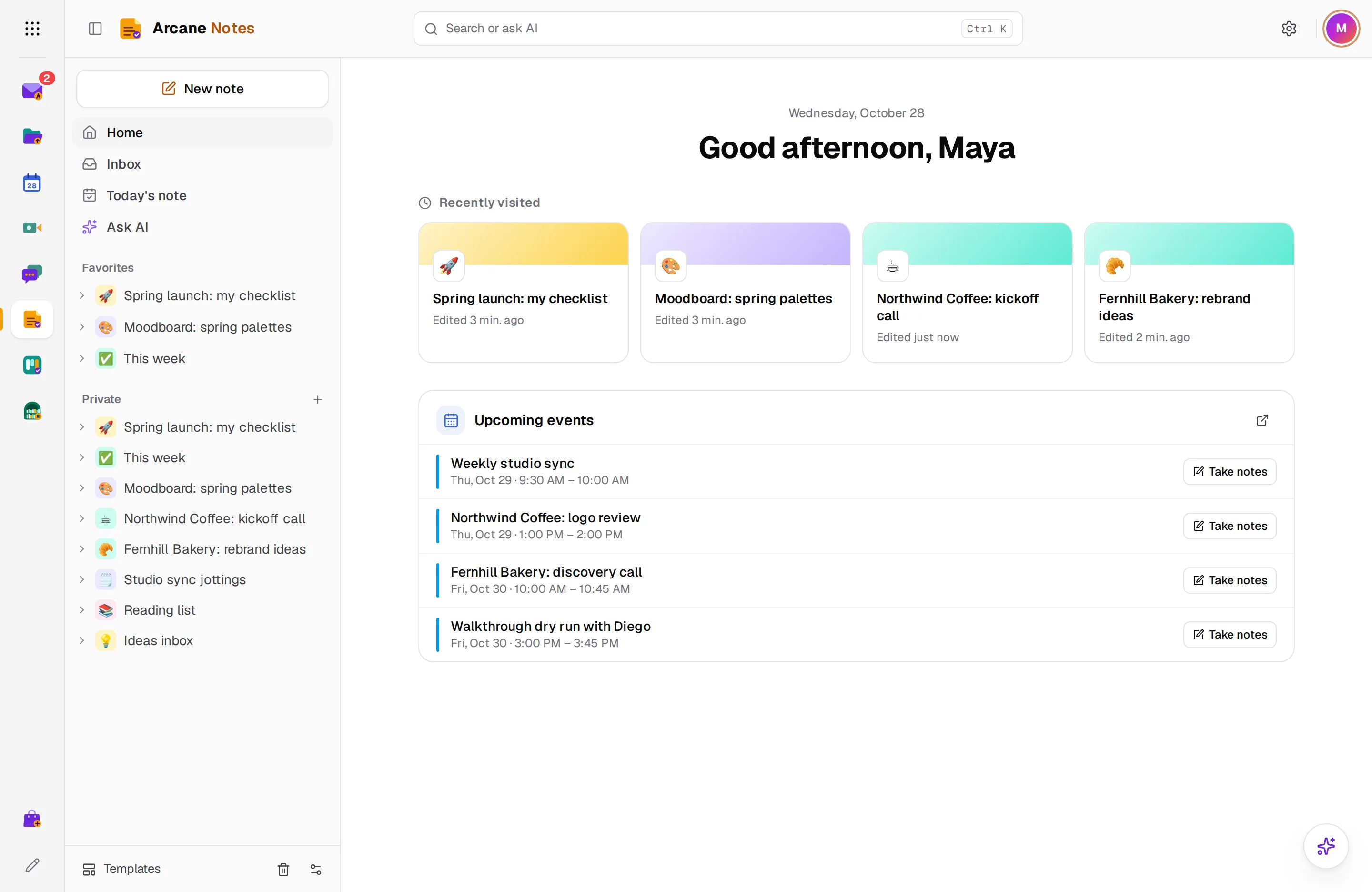 The Home page with recently visited notes and upcoming events