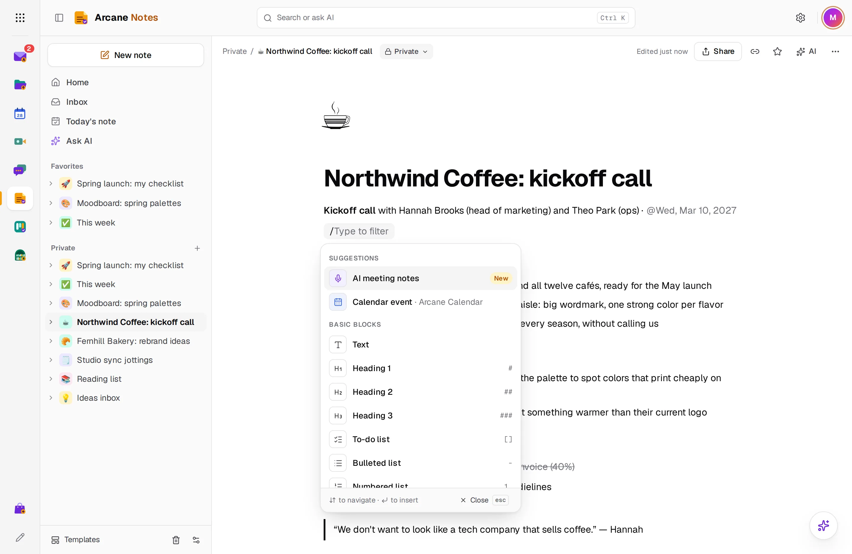The / menu listing the blocks you can add to a note