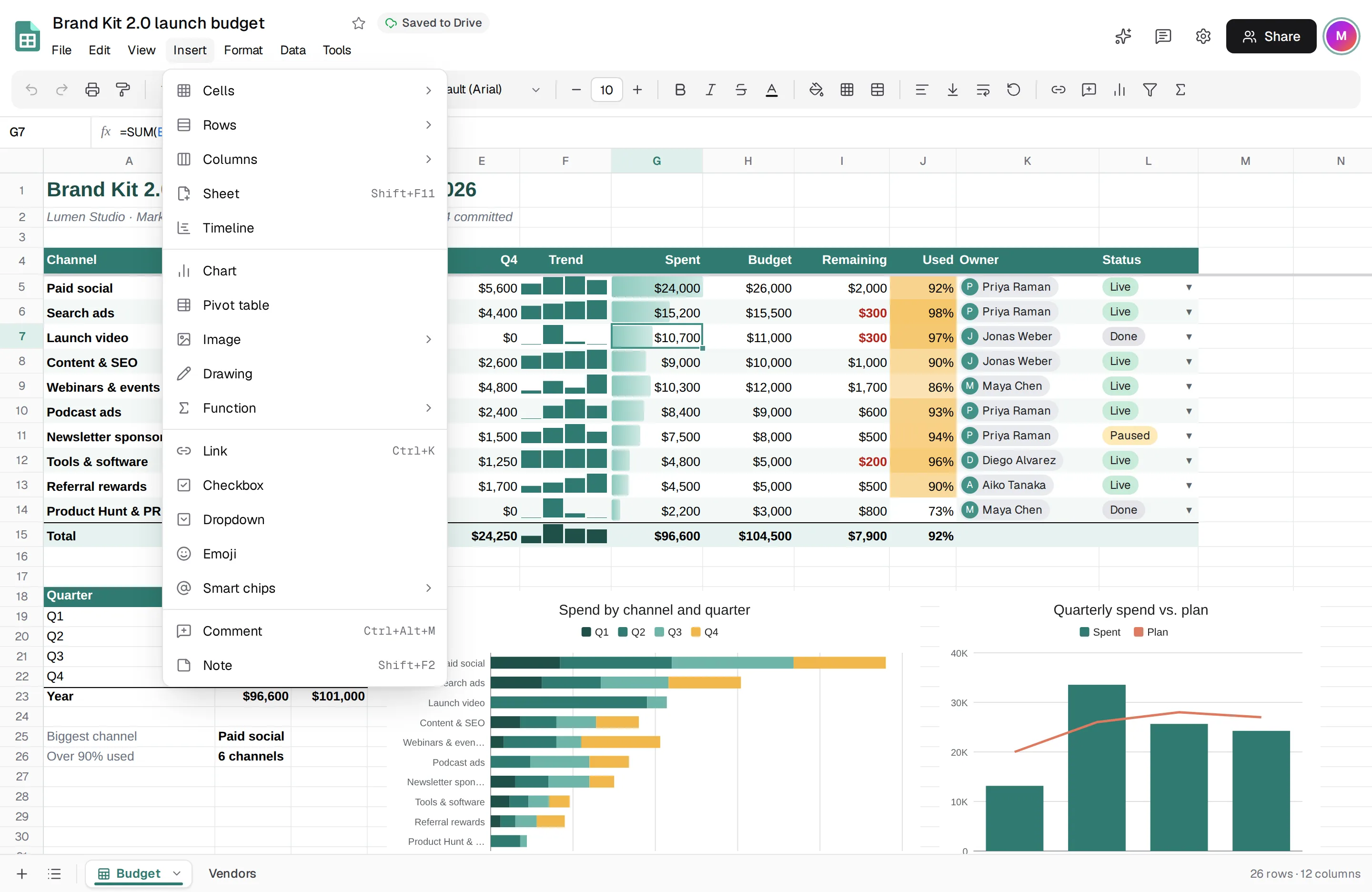 The Insert menu open over a budget spreadsheet