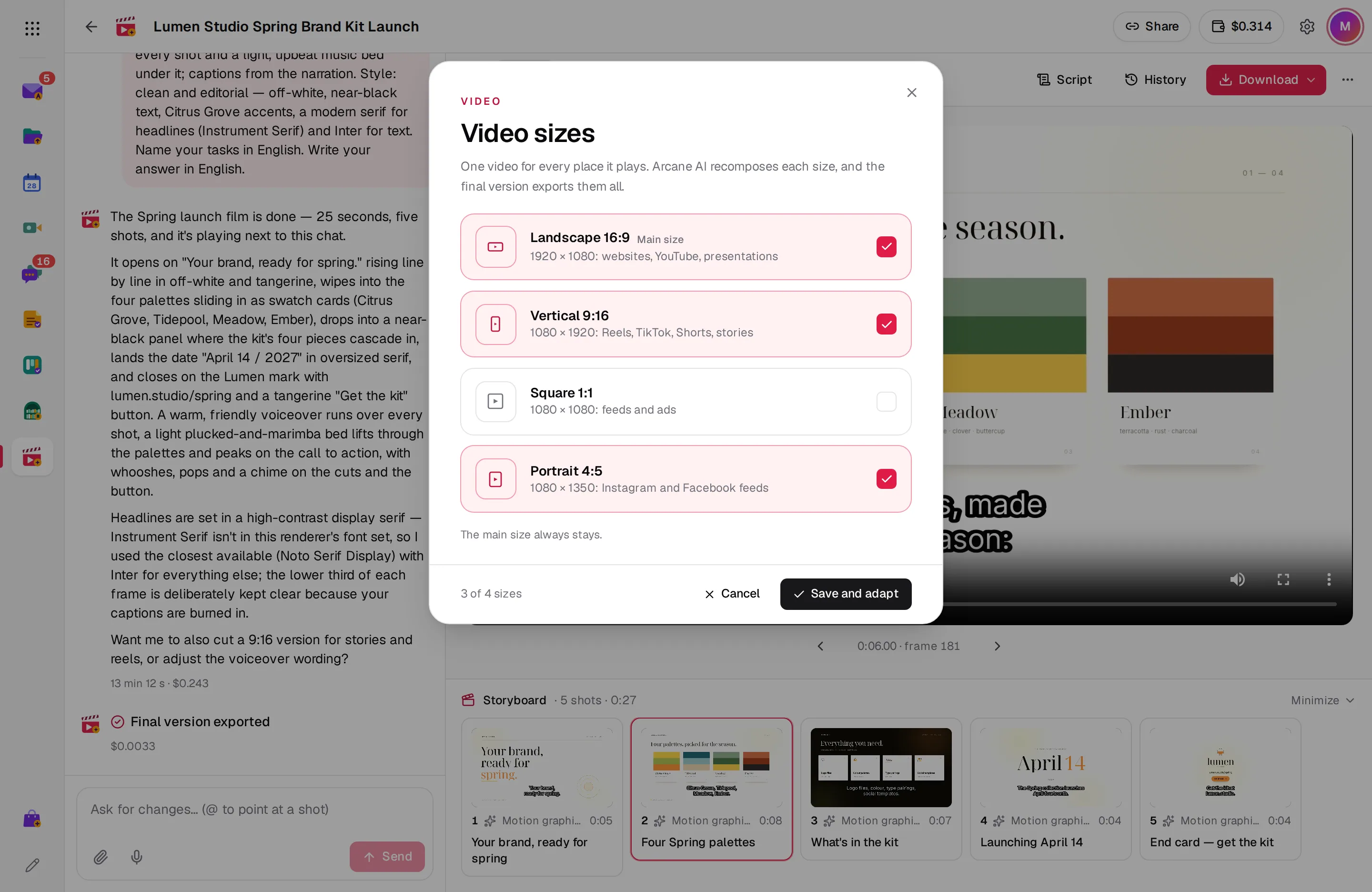 The Video sizes dialog with Landscape 16:9, Vertical 9:16, Square 1:1 and Portrait 4:5