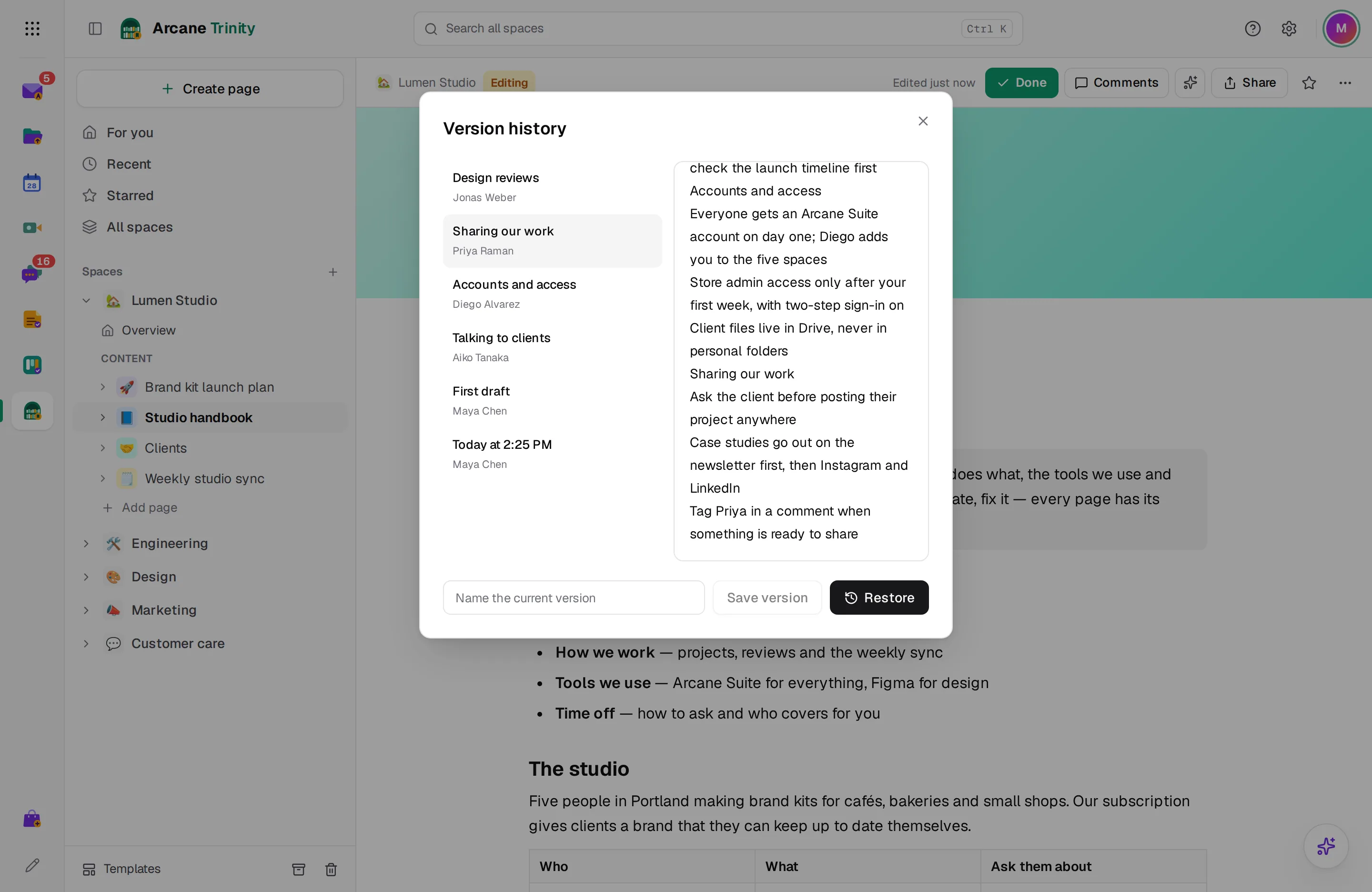 A page's version history, with one version previewed