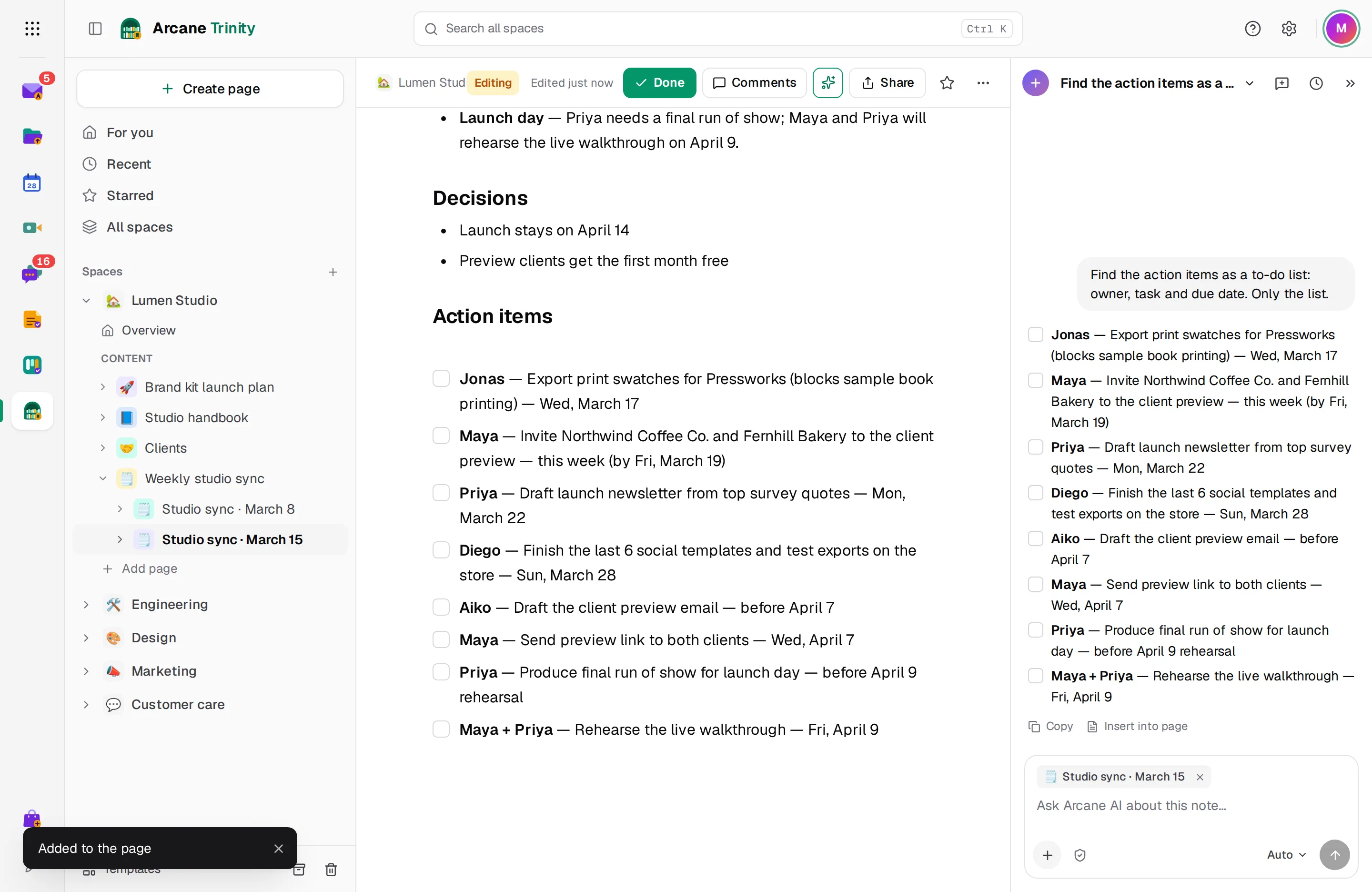 Action items found by AI, inserted into a page as a to-do list