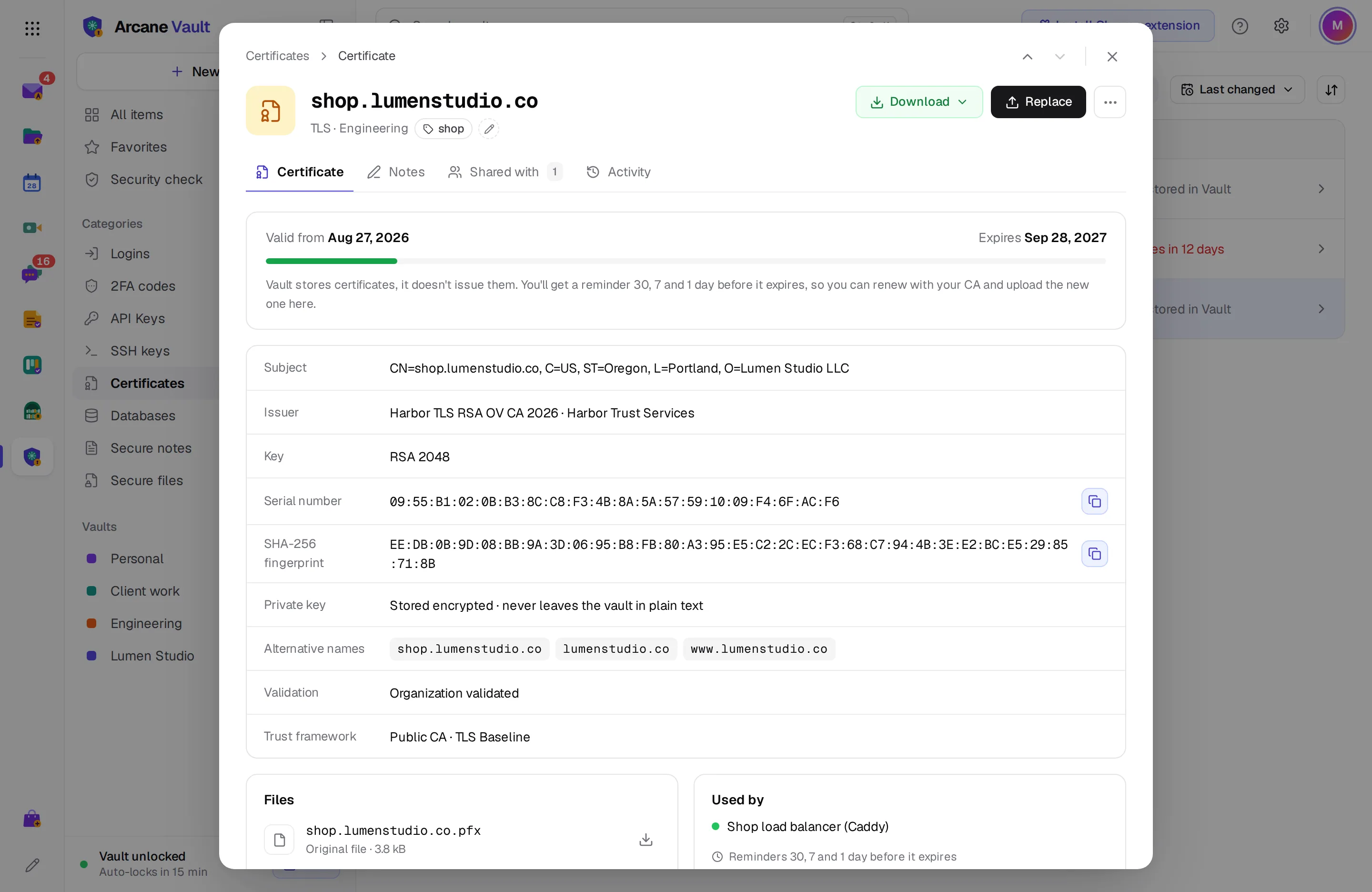 A certificate in Vault with its validity period and details