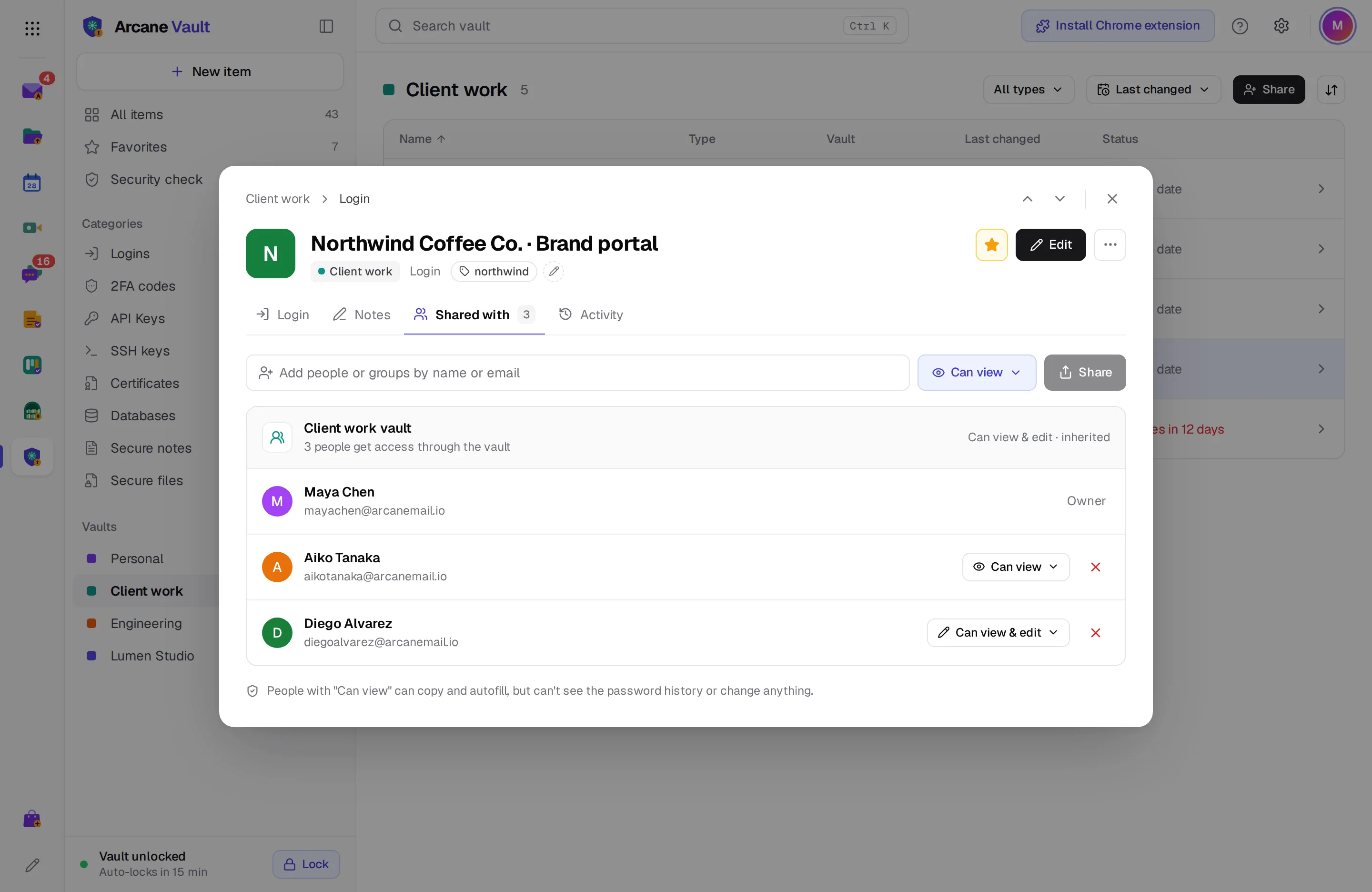 An item's sharing tab with people and their access