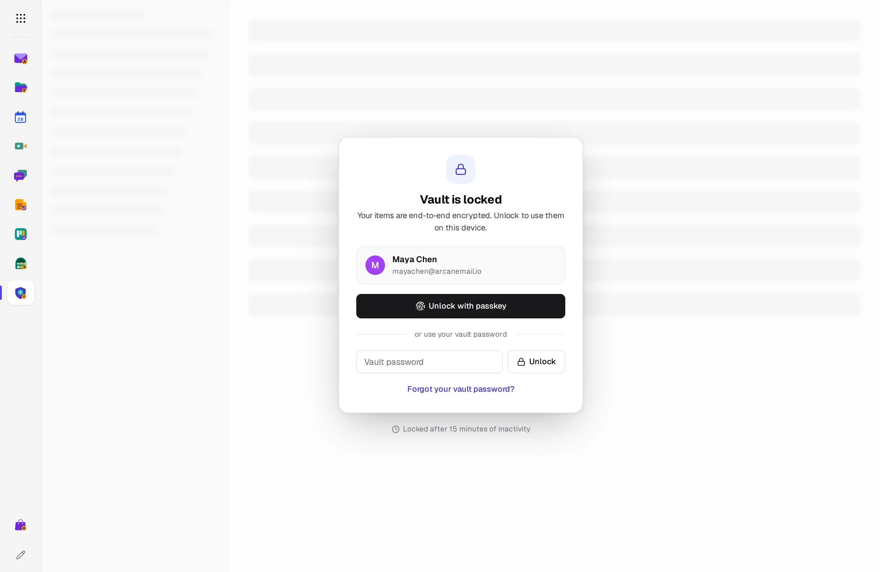 The Vault is locked screen, with passkey and password unlock